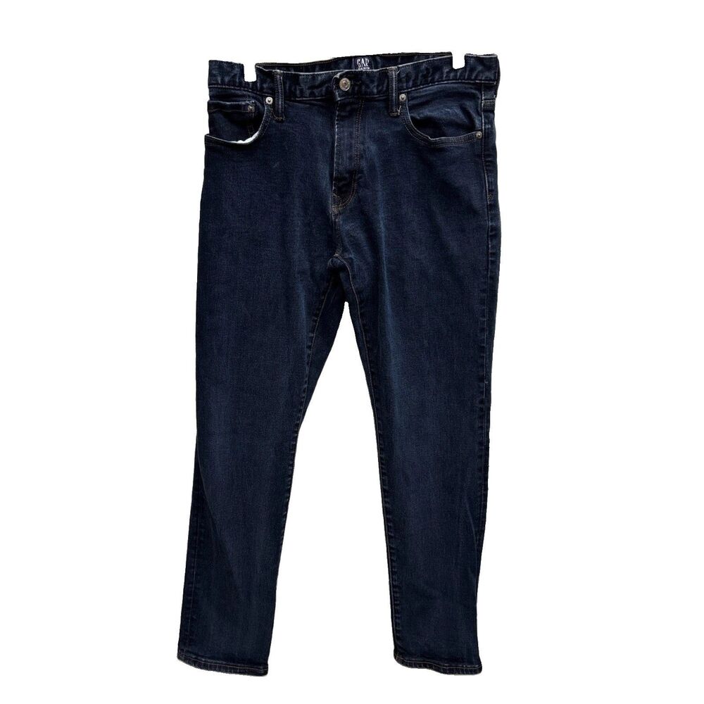 Gap Men Blue Slim Straight Jeans Dark Wash Denim 5-Pocket 31X30” Zip Button Logo